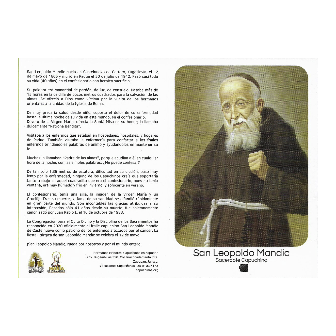 Tarjeta de oración y novena de San Leopoldo de Mandic - oración del Enfermo de Cáncer, con reliquia