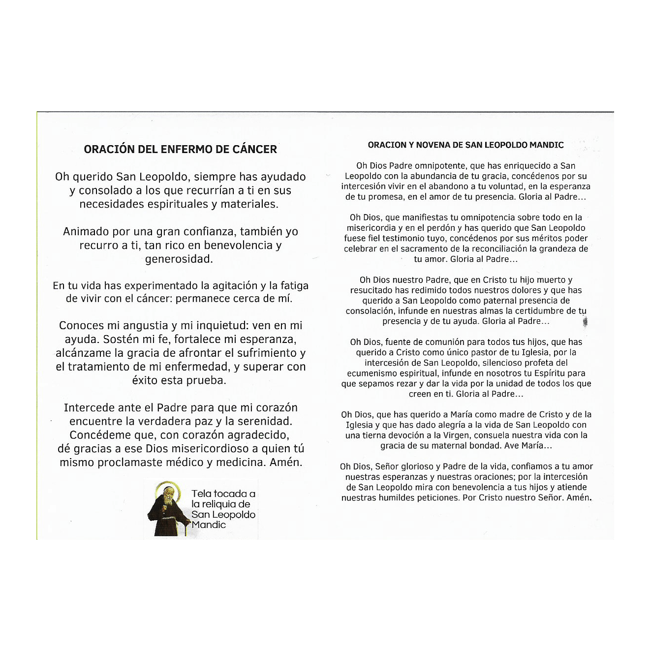 Tarjeta de oración y novena de San Leopoldo de Mandic - oración del Enfermo de Cáncer, con reliquia