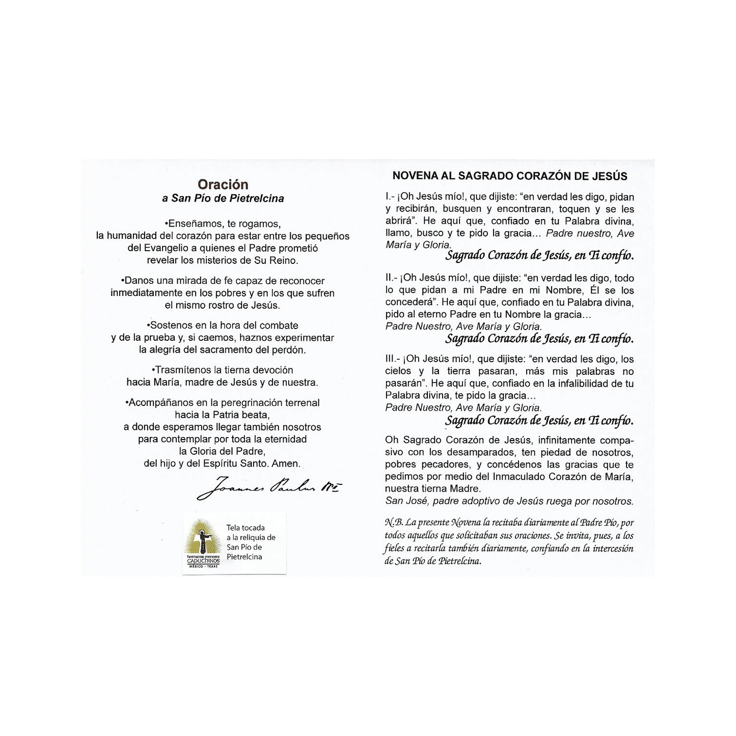 Tarjeta de oración y novena al Sagrado Corazón de Jesús - oración a San Pío de Pietrelcina, con reliquia