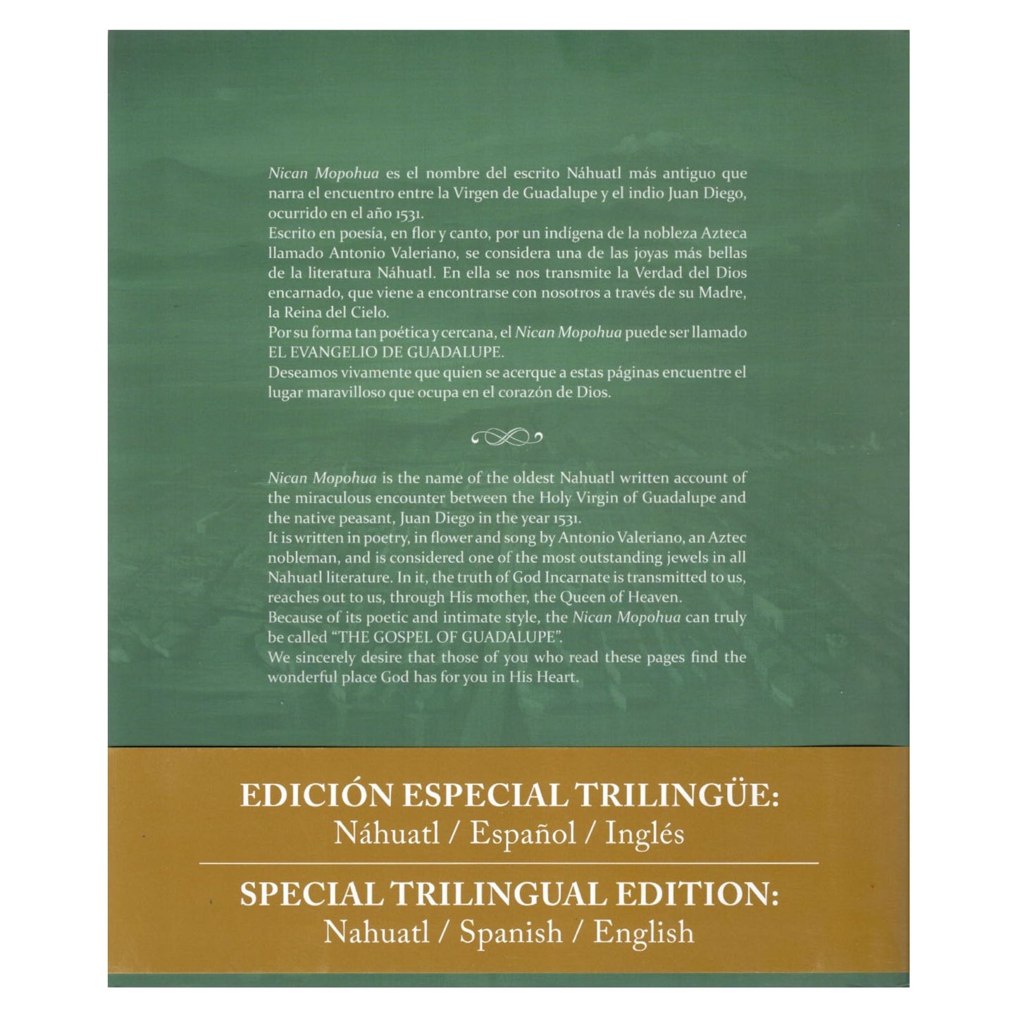 Libro Nican Mopohua, trilingüe pasta suave