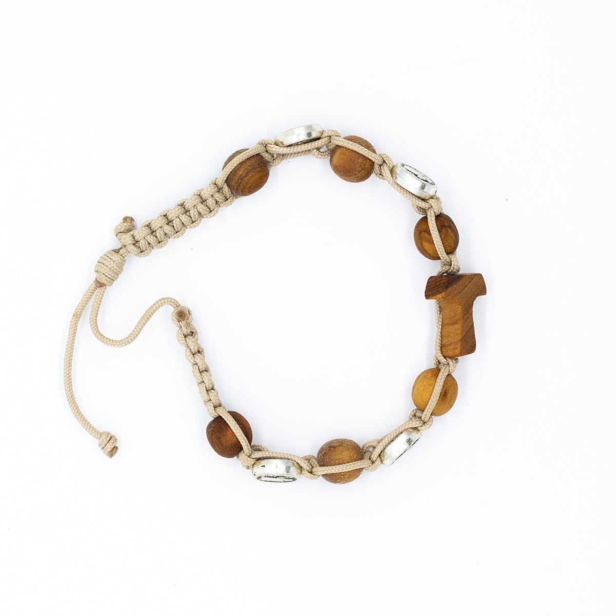 Pulsera tejida Cruz Tao con cuentas de madera y metal, Medugorje