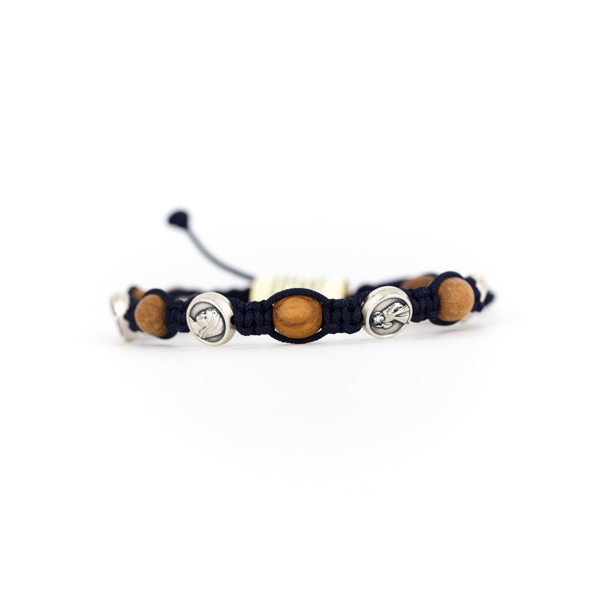 Pulsera tejida Virgen de Medjugorje con cuentas de madera de olivo