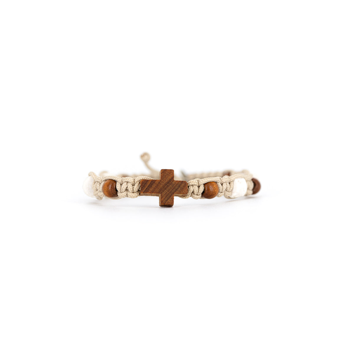 Pulsera tejida Cruz Tao con cuentas de madera y metal, Medugorje