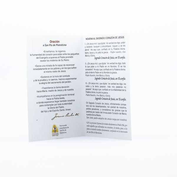 Tarjeta de oración y novena al Sagrado Corazón de Jesús - oración a San Pío de Pietrelcina, con reliquia