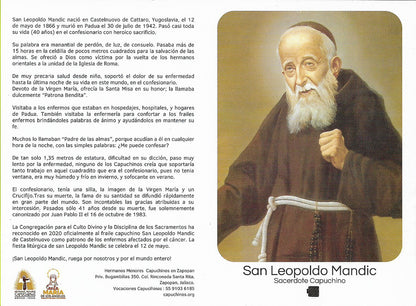 Tarjeta de Oración y Novena de San Leopoldo de Mandic - Oración del Enfermo de Cáncer