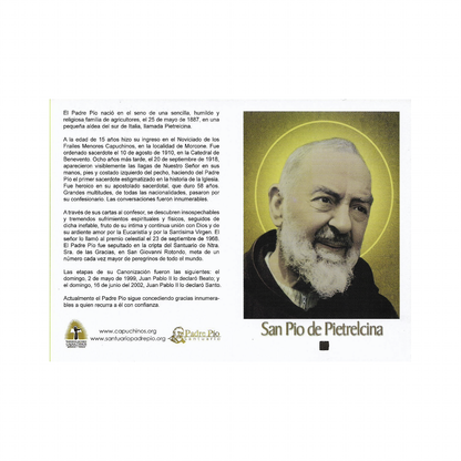 Tarjeta de oración y novena al Sagrado Corazón de Jesús - oración a San Pío de Pietrelcina, con reliquia