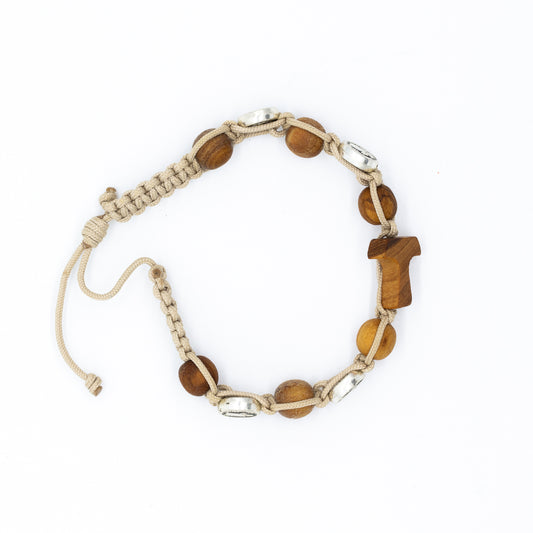 Pulsera tejida Cruz Tao con cuentas de madera y metal, Medugorje