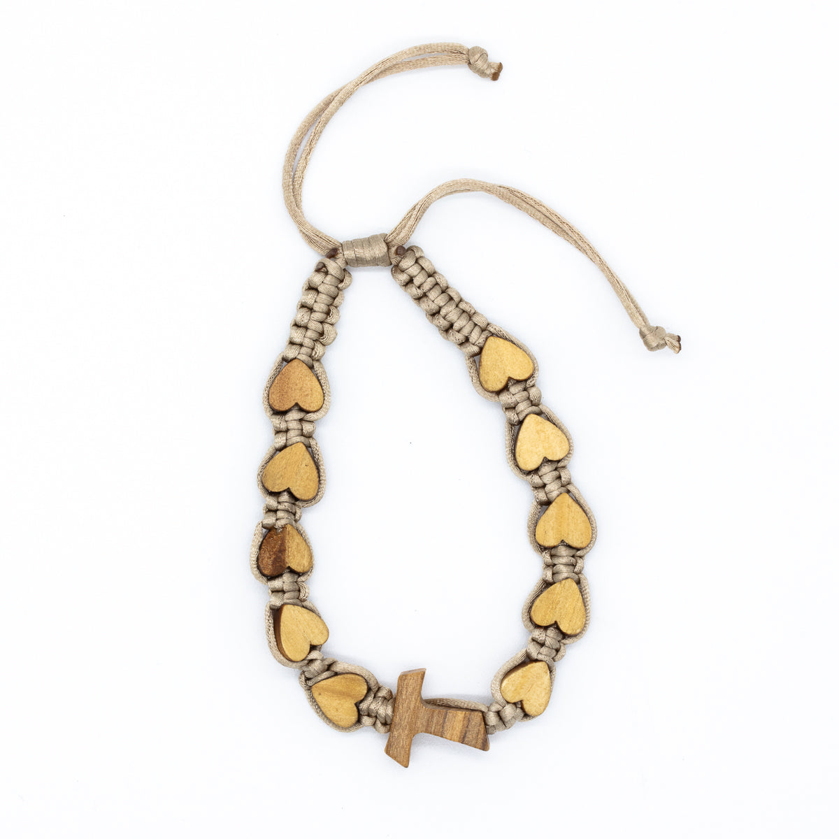 Pulsera tejida cruz Tao con corazones, Medugorje