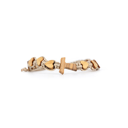Pulsera tejida cruz Tao con corazones, Medugorje