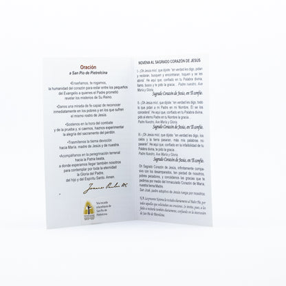 Tarjeta de oración y novena al Sagrado Corazón de Jesús - oración a San Pío de Pietrelcina, con reliquia