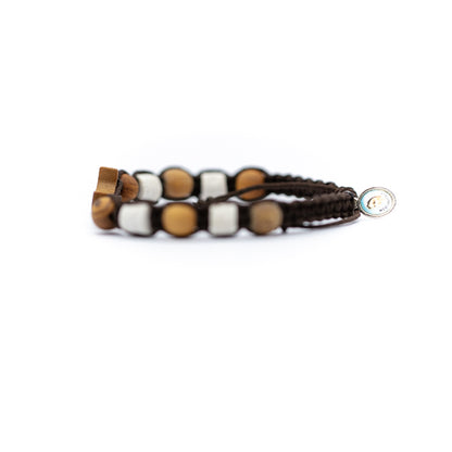 Pulsera tejida cruz Tao con cuentas de madera y piedra