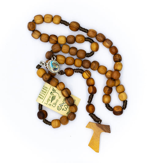 Rosario-collar cruz Tao, de Medugorje en madera de olivo