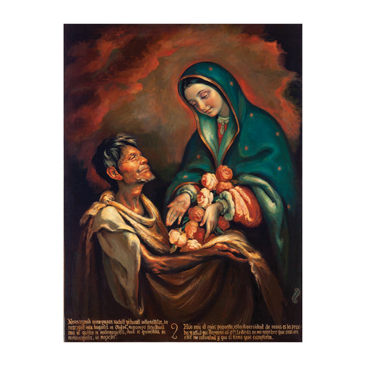 Canvas Nican Mopohua "La Virgen dando flores a Juan Diego"