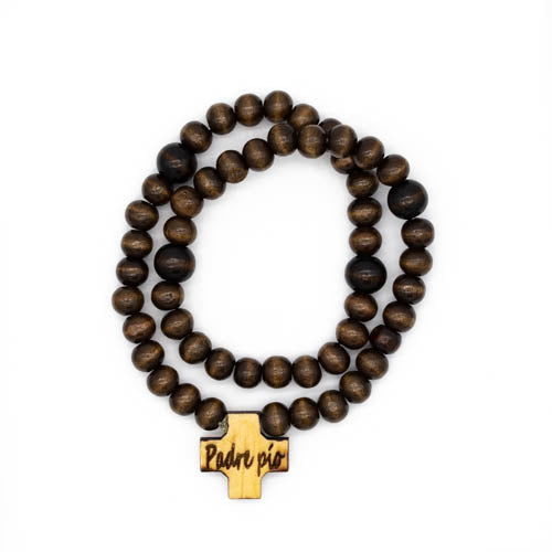 Rosario pulsera Padre Pío con reliquia color café obscuro