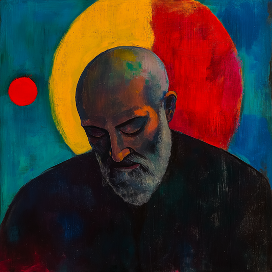 Ilustración digital colorida, retrato Padre Pío
